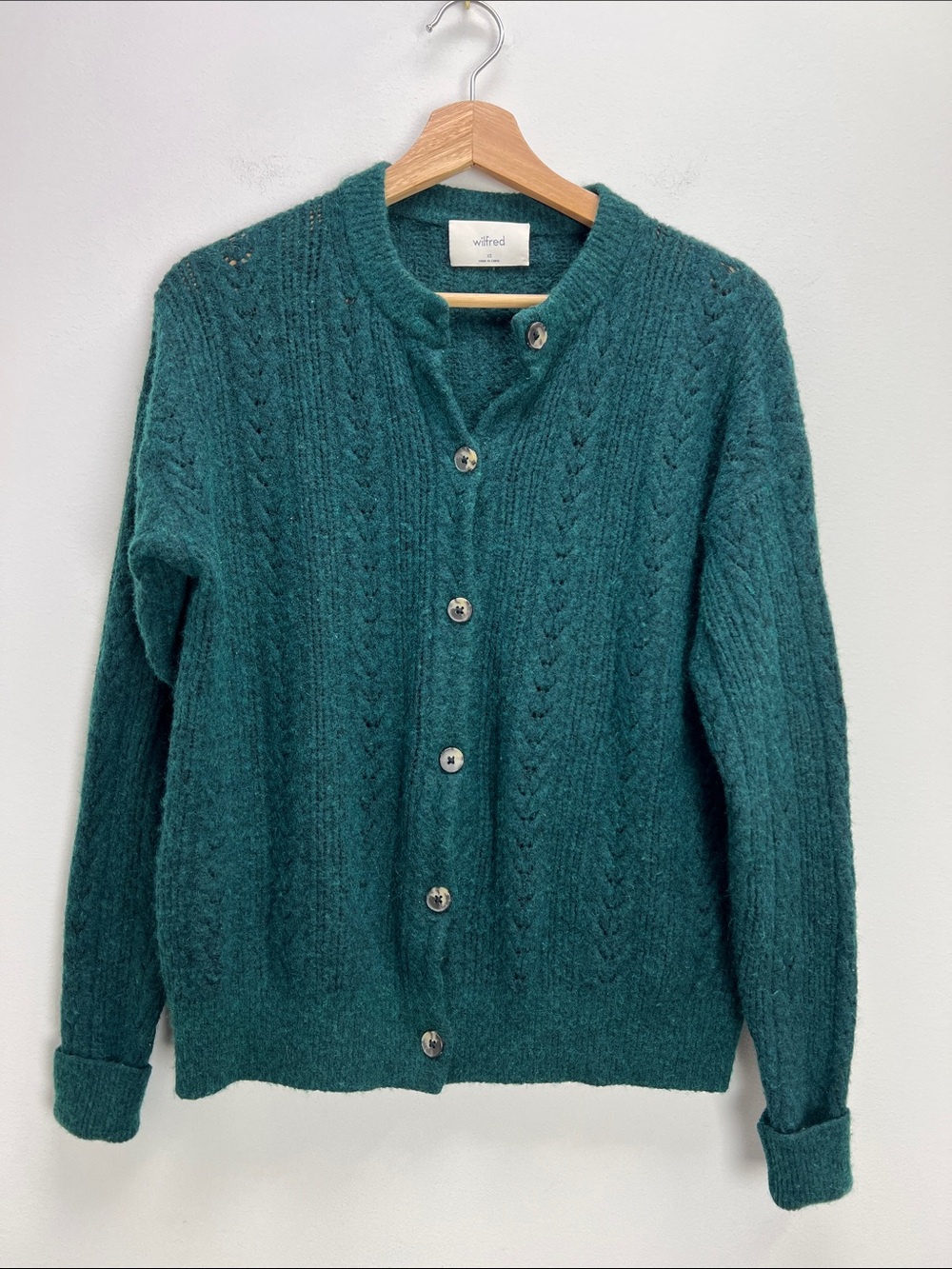 Wilfred Aritzia Era Cardigan Hunter Green Crewneck Oversized Womens Size XS